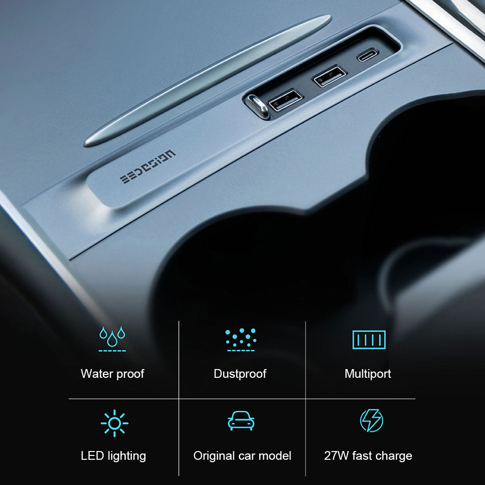 27W Quick Charger Intelligent Docking Station USB Shunt Hub Sticker LED Light For Tesla Model 3 Y 2021-2022 Interior Accessories