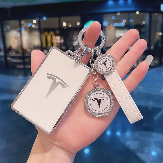 Bling Crystal Key Fob Card Case For Tesla Model 3 Y S Shiny Diamond Keychain Band Cover Holder Original Design Luxury Shell