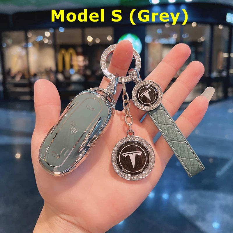 Bling Crystal Key Fob Card Case For Tesla Model 3 Y S Shiny Diamond Keychain Band Cover Holder Original Design Luxury Shell