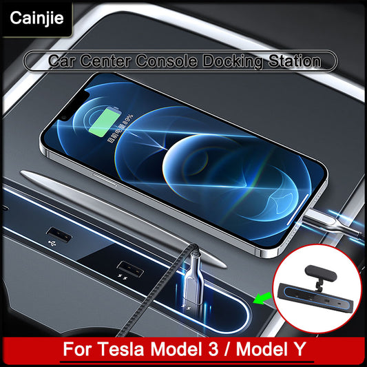 For Tesla Center Console Intelligent Docking Station USB Shunt Hub Accessories 27W Quick Interior Charger Model 3 / Y 2021-2022